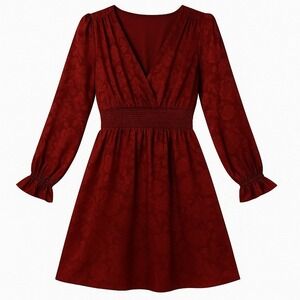 Chenault Dress Women M Satin Burgundy Jacquard Floral Cinched Waist Office Retro